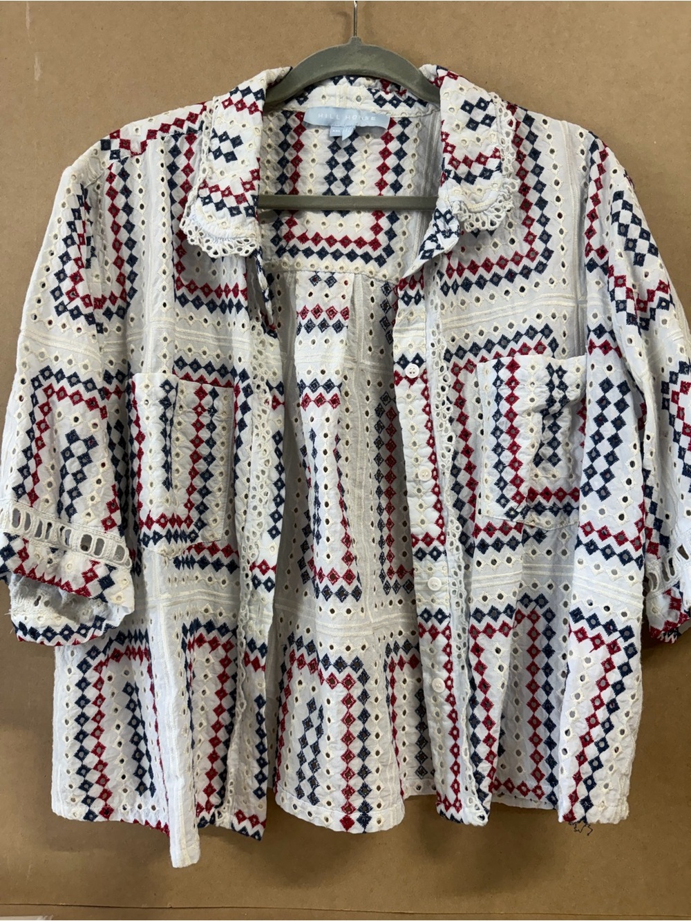 Hill House Ivory Eyelet Jacket with Red & Navy Geometric Print